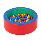 round padded ball pool with red outer wall, green inner lining and multicolour balls for indoor sensory and play activities