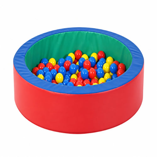 round padded ball pool with red outer wall, green inner lining and multicolour balls for indoor sensory and play activities
