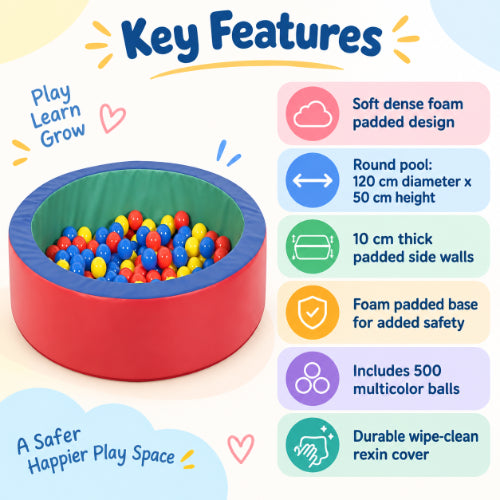 round ball pool key features including soft dense foam padding, 120 cm diameter, 50 cm height, 10 cm side walls and 500 multicolour balls