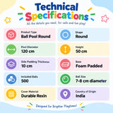round ball pool technical specifications with 120 cm diameter, 50 cm height, 10 cm padded sides, foam base and 500 balls