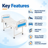 semi fowler electric hospital bed key features including electric backrest adjustment, abs head and foot panels, mild steel frame and epoxy powder coated finish