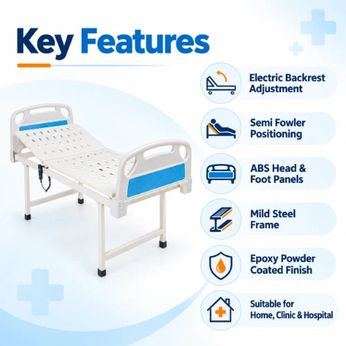 semi fowler electric hospital bed key features including electric backrest adjustment, abs head and foot panels, mild steel frame and epoxy powder coated finish