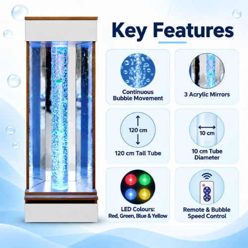 sensory bubble tube key features including continuous bubble movement, 3 acrylic mirrors, 120 cm tube height, multicolour led lights and remote control