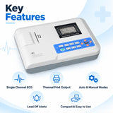 Single channel ECG machine key features including thermal print output, auto and manual modes, lead-off alerts, compact design and easy operation
