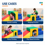 Soft foam activity set use cases for tunnel crawling, stepping practice, ramp climbing and play-based occupational therapy activities