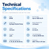 sp08 syringe infusion pump technical specifications showing model sp08, syringe infusion pump type, 3.8 inch display, ±2% accuracy, supported syringe sizes, max flow rate and battery working time