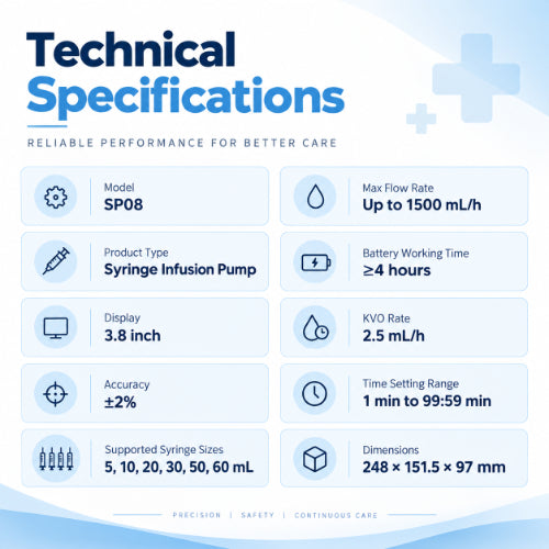 sp08 syringe infusion pump technical specifications showing model sp08, syringe infusion pump type, 3.8 inch display, ±2% accuracy, supported syringe sizes, max flow rate and battery working time