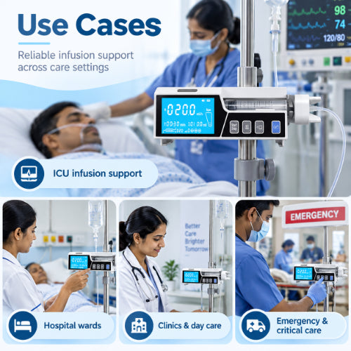sp08 syringe infusion pump use cases showing infusion support in icu, hospital wards, clinics and emergency care settings