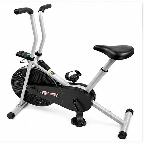 Static exercise cycle with air resistance fan, adjustable seat, digital meter and non-slip pedals for home and rehabilitation exercise