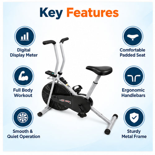 Static exercise cycle key features including digital display meter, full-body workout, smooth operation, ergonomic handlebars and sturdy frame