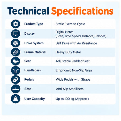 Static exercise cycle technical specifications with digital meter, belt drive air resistance, adjustable padded seat and heavy-duty metal frame