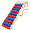 wooden steam roller occupational therapy equipment with 10 red and blue rollers, side ladder and solid top platform on white background