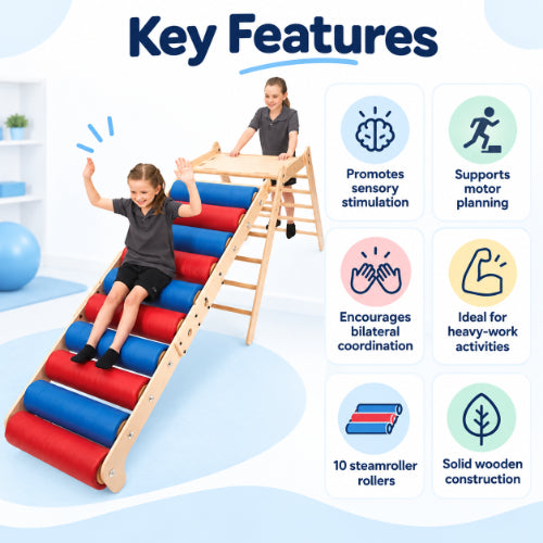 steam roller occupational therapy equipment key features showing sensory stimulation, motor planning, bilateral coordination, heavy-work activities and solid wooden construction