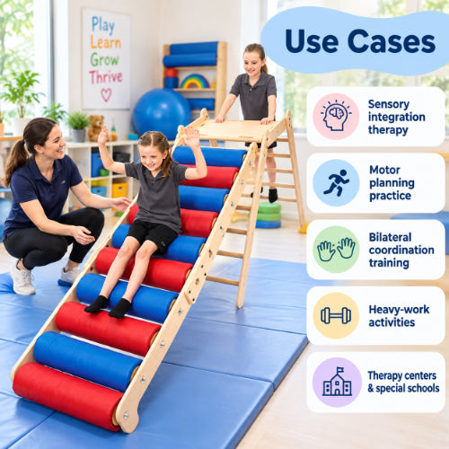 steam roller occupational therapy equipment use cases showing children using the roller for sensory integration therapy, motor planning, bilateral coordination and heavy-work activities