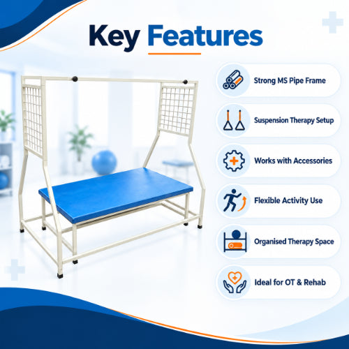 suspension frame key features including strong ms pipe frame, suspension therapy setup, accessory compatibility and flexible ot rehabilitation use