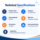 suspension frame technical specifications with ms pipe construction, suspension therapy use, included accessories and suitability for ot and rehab centres