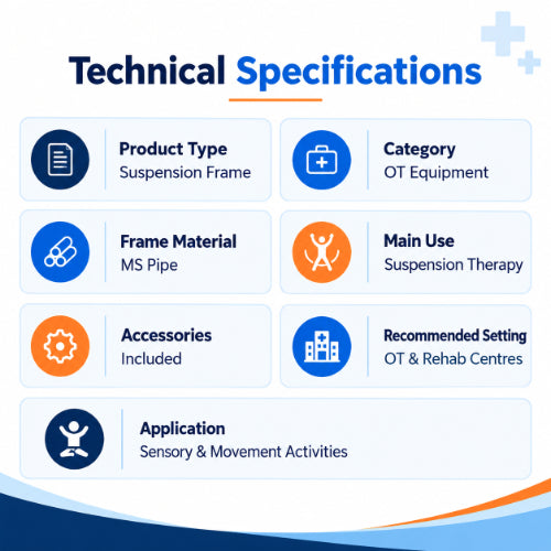 suspension frame technical specifications with ms pipe construction, suspension therapy use, included accessories and suitability for ot and rehab centres