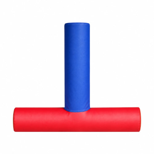 t swing deluxe for sensory integration therapy product image showing a padded t-shaped sensory swing with blue vertical support and red horizontal seat on white background