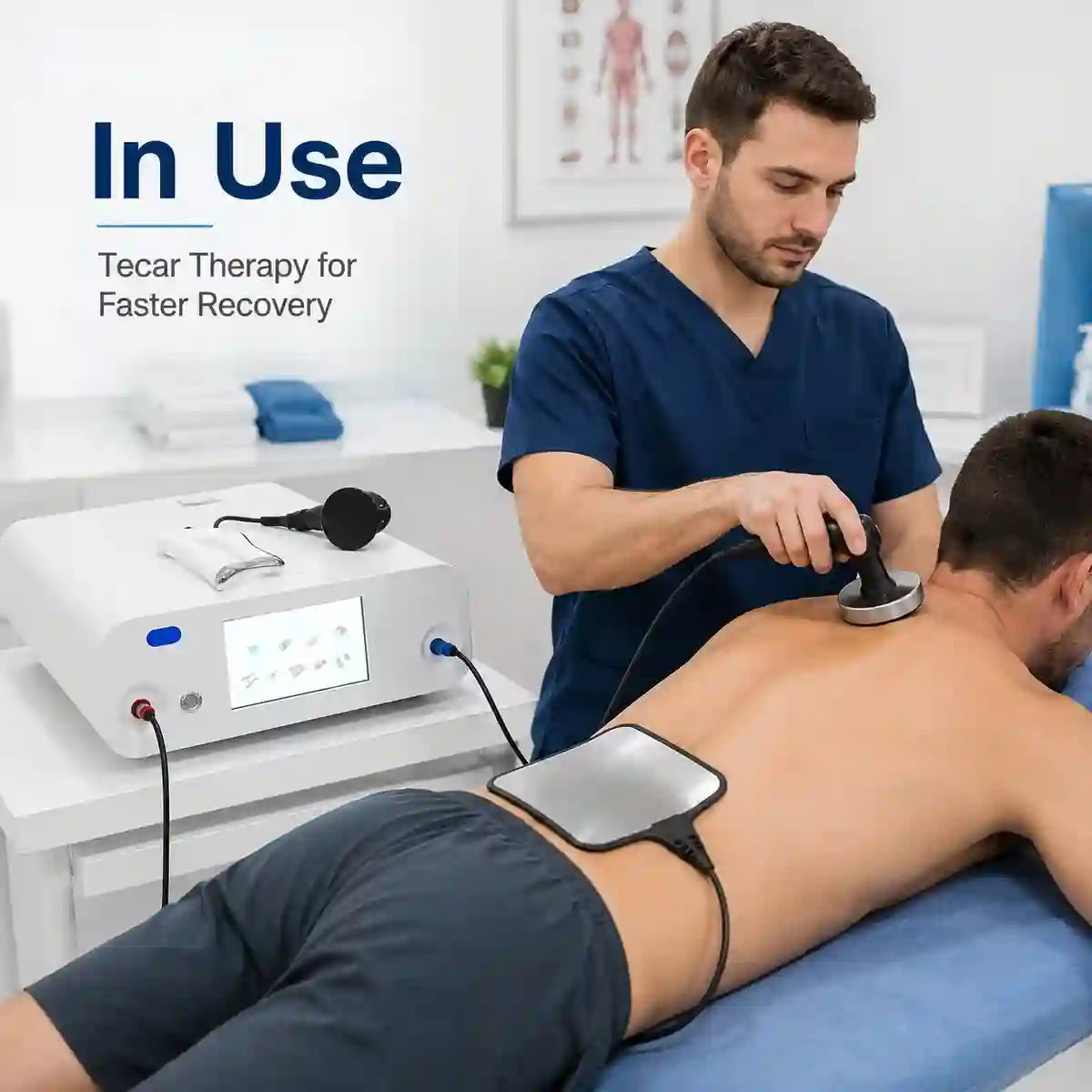 Tecar therapy machine in clinical use – radiofrequency treatment on patient shoulder