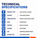 technical specifications of adjustable metallic standing frame adult with wooden base