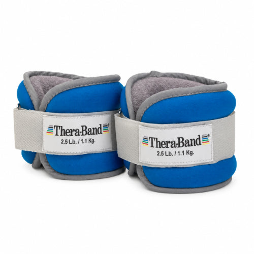 theraband 2.5 lb ankle and wrist weight cuffs in blue and grey with adjustable hook-and-loop straps