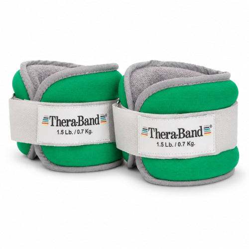 theraband comfort ankle and wrist weights 0.7 kg each in green with adjustable secure straps and soft terrycloth lining