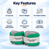 theraband ankle and wrist weight key features including 0.7 kg each, set of 2, neoprene outer surface, soft terrycloth lining and adjustable straps