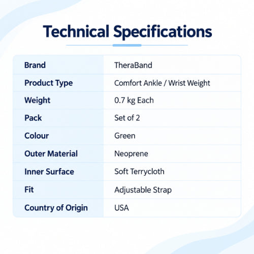 theraband ankle and wrist weight technical specifications with 0.7 kg per cuff, green colour, neoprene material, soft terrycloth inner surface and adjustable fit