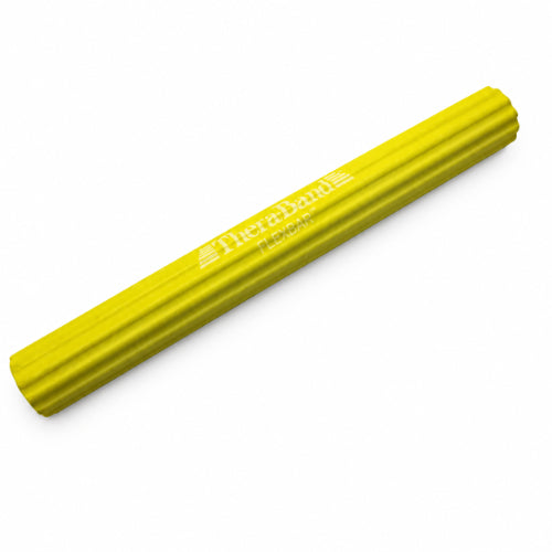 yellow theraband flexbar resistance exercise bar with ribbed surface for grip, wrist and forearm strengthening