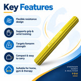 theraband flexbar yellow key features including flexible resistance design, grip and wrist training, forearm strengthening and compact portable use