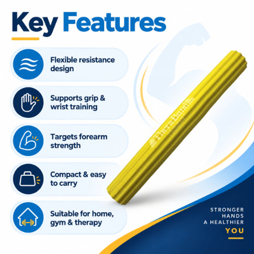 theraband flexbar yellow key features including flexible resistance design, grip and wrist training, forearm strengthening and compact portable use