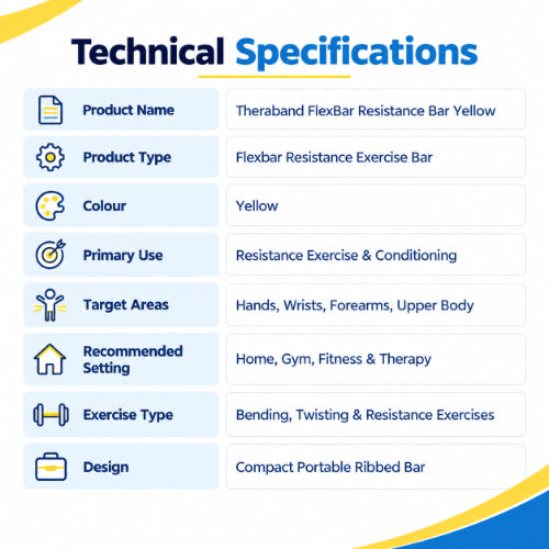 theraband flexbar yellow technical specifications with resistance exercise design for hands, wrists, forearms and upper body conditioning