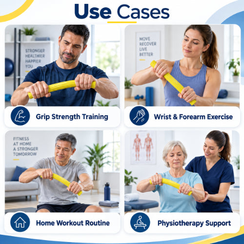 theraband flexbar yellow use cases for grip strength training, wrist and forearm exercise, home workouts and physiotherapy support