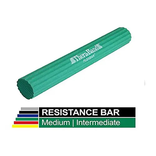 Green Theraband FlexBar showing a mid-range resistance level for forearm exercises