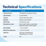theraband loop band technical specifications with 4 loop bands, natural latex rubber, continuous loop design and multiple resistance levels