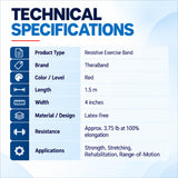 theraband red resistive band technical specifications showing 1.5 m length, 4 inch width, latex free material and approx 3.75 lb resistance