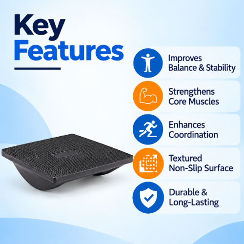 theraband rocker balance board key features including improved balance and stability, core strengthening, coordination support, textured non-slip surface and durable design