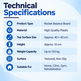 theraband rocker balance board technical specifications with high quality plastic construction, approx. 40 x 40 cm surface, 10 cm height and up to 120 kg weight capacity