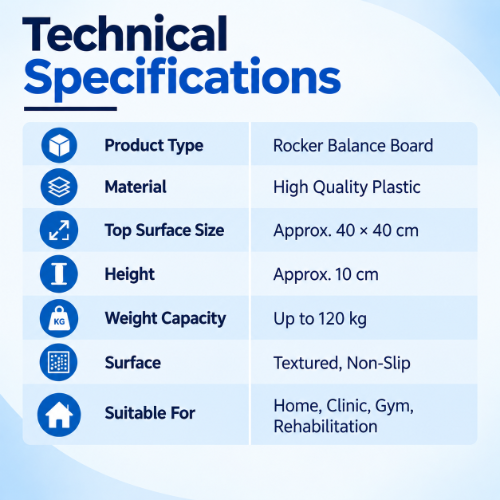 theraband rocker balance board technical specifications with high quality plastic construction, approx. 40 x 40 cm surface, 10 cm height and up to 120 kg weight capacity