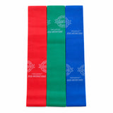 theraband set of 3 red green and blue resistance bands for physiotherapy, fitness and strength training