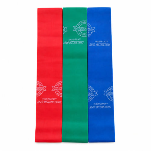 theraband set of 3 red green and blue resistance bands for physiotherapy, fitness and strength training