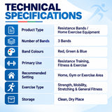 theraband set of 3 resistance bands technical specifications showing red green and blue bands for resistance training, fitness, stretching and home exercise