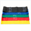 stack of five theraband resistance bands in black, blue, green, red and yellow for exercise, stretching and fitness training