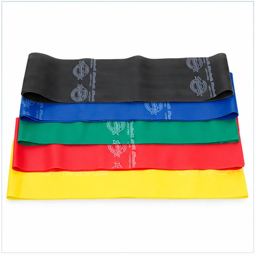 stack of five theraband resistance bands in black, blue, green, red and yellow for exercise, stretching and fitness training