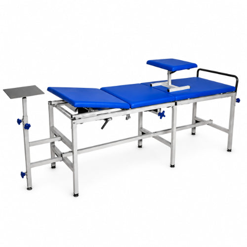 three fold traction bed for cervical and lumbar physiotherapy with adjustable blue cushioned sections, support pad and traction stand on white background