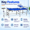 key features of three fold traction bed showing sturdy ms frame, three-fold design, adjustable accessories, comfortable cushioning, stable support and clinic use