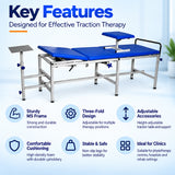 key features of three fold traction bed showing sturdy ms frame, three-fold design, adjustable accessories, comfortable cushioning, stable support and clinic use