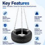 tyre swing deluxe key features including sturdy metal chains, durable tyre material, high weight capacity and indoor or outdoor use