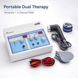 Ultrasonic 2ch TENS combo angled product view – portable dual therapy machine for home and clinic