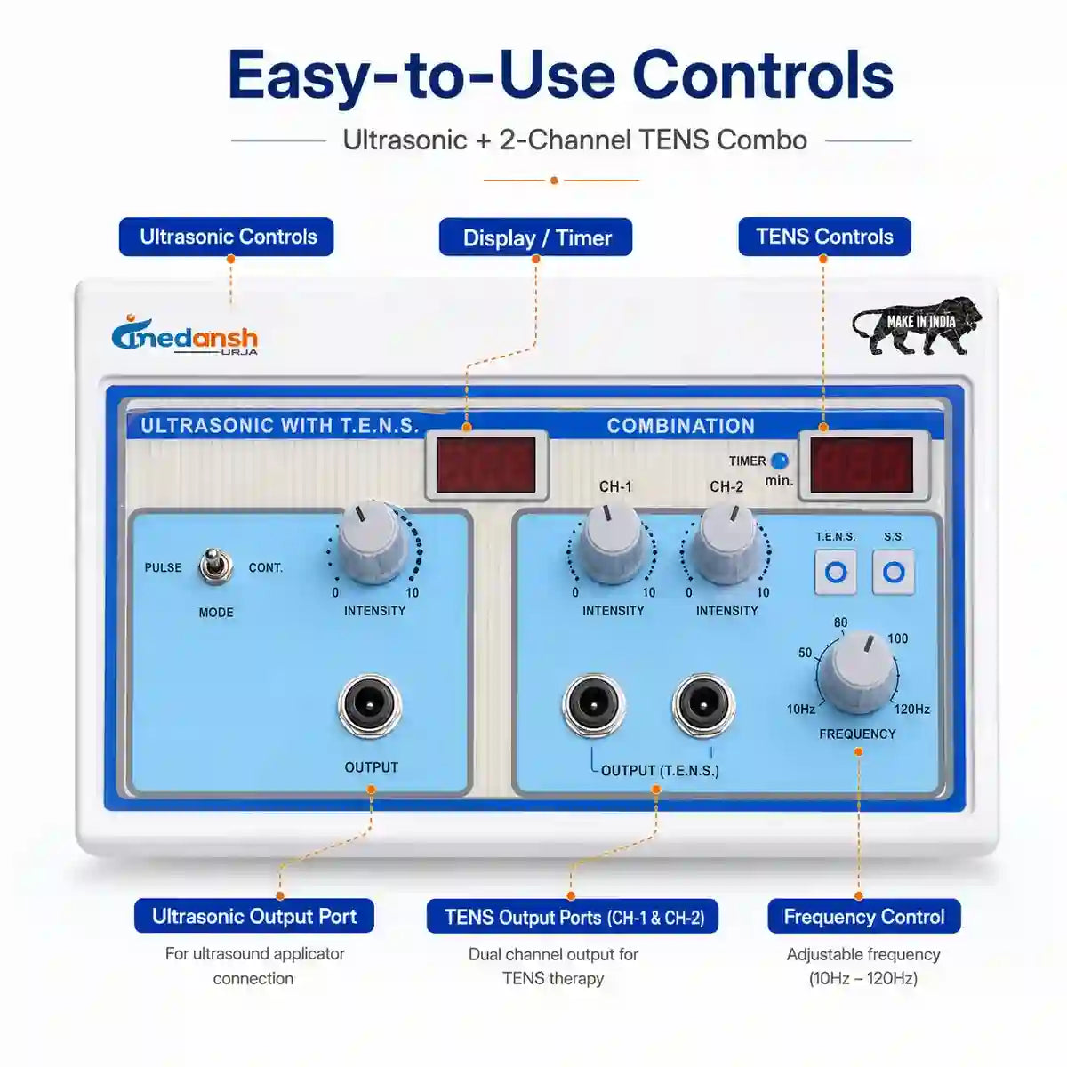 Ultrasonic 2ch TENS machine controls closeup – ultrasound frequency and TENS intensity settings